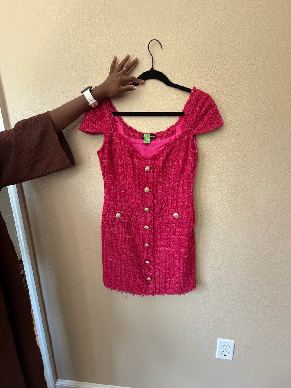 Generation Love Hot Pink Tweed Mini Dress with Pearl Buttons
